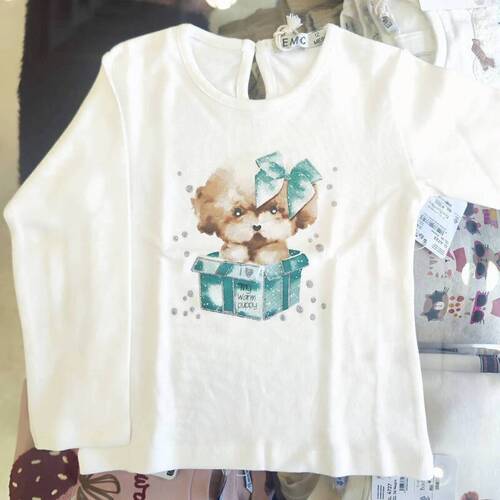  生成り プードル緑リボン Tシャツ