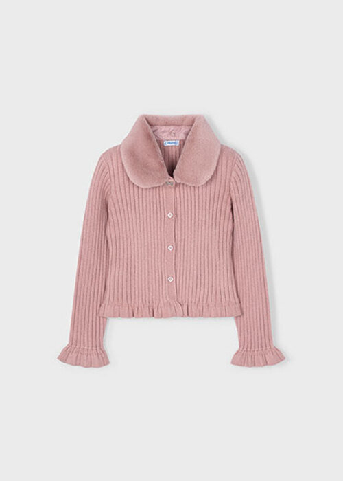  ピンク襟ファーカーディガン